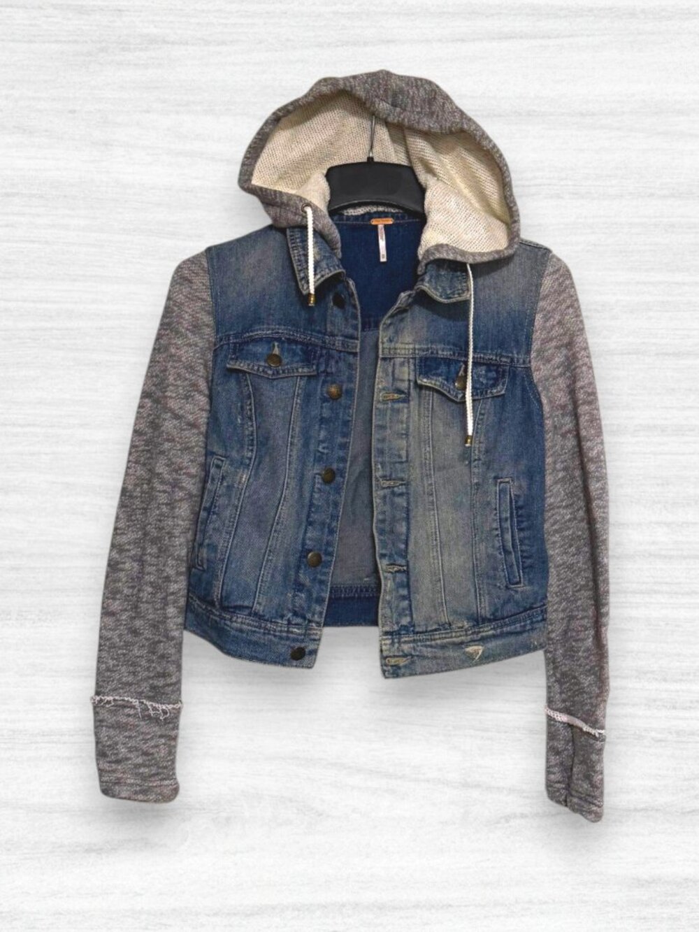 Free People Distressed Hooded Denim Jacket Gray Knit Sleeves XS